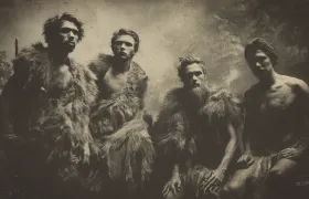 Four men wearing animal fur wraps in a sepia caveman portrait