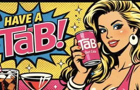 Pop art woman holding a pink TaB Diet Cola can