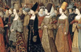 Painted procession of noblewomen in ornate gowns and tall hats