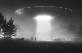 Flying saucer hovering with a light beam over onlookers at night