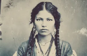 Vintage-style portrait of a Native American woman with braids and beaded necklaces