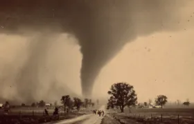Sepia vintage photograph of a massive tornado funnel over farmland
