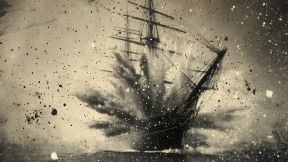 Antique sepia photograph of a sailing ship exploding and sinking