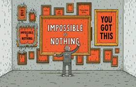 Cartoon of a man in an adidas tracksuit hanging framed slogan posters in a gallery