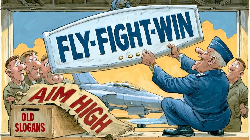 Cartoon Air Force general bolting up a Fly-Fight-Win sign beside a crate of old slogans holding an Aim High banner