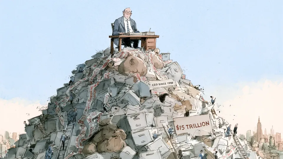 BlackRock CEO Larry Fink at a desk atop a mountain of filing cabinets marked $15 trillion