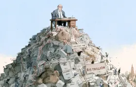 BlackRock CEO Larry Fink at a desk atop a mountain of filing cabinets marked $15 trillion