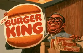 Cartoon of a grinning executive holding up the Burger King bun halves emblem tagged NEW beside a filing cabinet of identical older copies