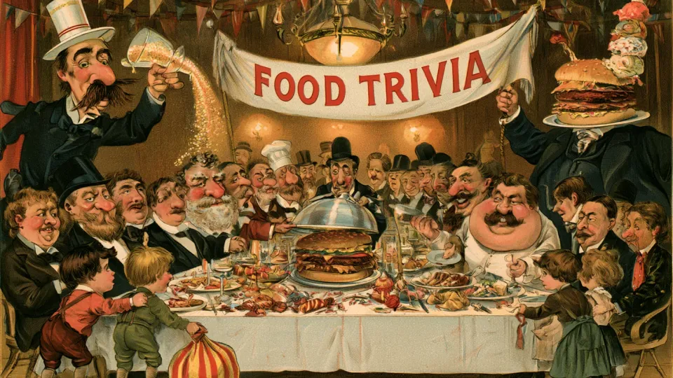 Chromolithograph cartoon of a crowded Victorian banquet hall beneath a cloth banner reading FOOD TRIVIA, where a top-hatted man with an enormous mustache pours a glittering stream from a tilted glass, a white-aproned chef lifts a silver dome off a towering hamburger crowned with scoops of ice cream, and rows of red-cheeked caricatured diners in black tie crowd a long white tablecloth strewn with plates while two children in knickers tug a striped candy bag in the foreground