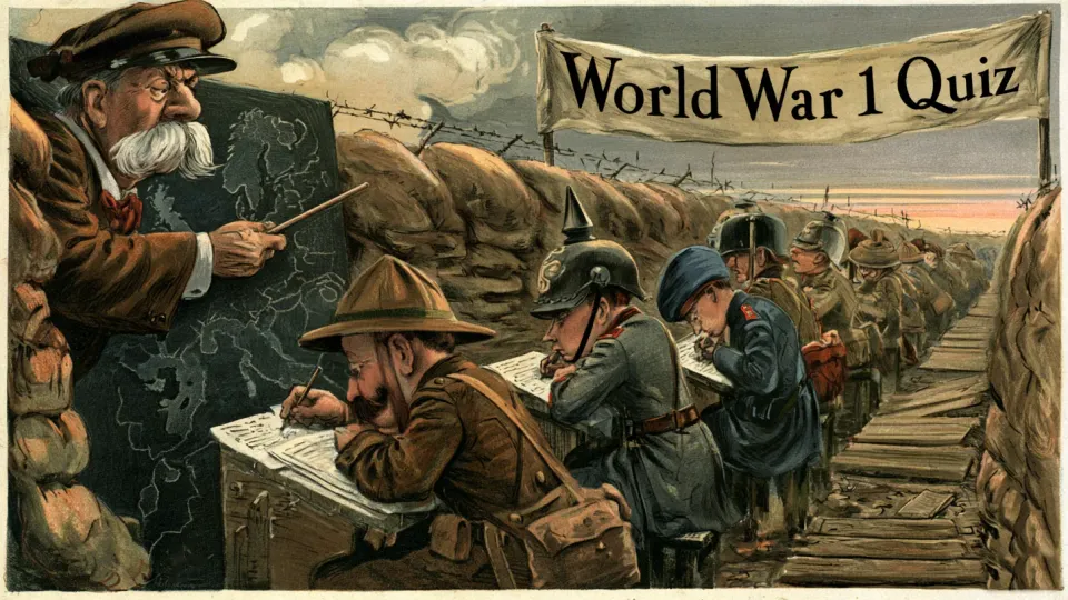 Colorful satirical cartoon of soldiers in an American campaign hat, a German spiked helmet and a French kepi writing exam papers at desks in a sandbagged trench while a white-mustached schoolmaster points at a chalk map of Europe, under a cloth banner reading "World War 1 Quiz"