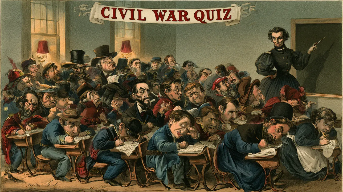 Colorful satirical cartoon of caricatured Union and Confederate soldiers and politicians crammed into school desks scribbling on exam papers while a stern teacher points at a blackboard, under a banner reading "Civil War Quiz"