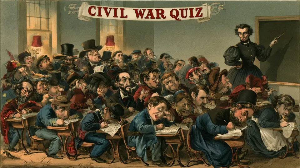 Colorful satirical cartoon of caricatured Union and Confederate soldiers and politicians crammed into school desks scribbling on exam papers while a stern teacher points at a blackboard, under a banner reading "Civil War Quiz"