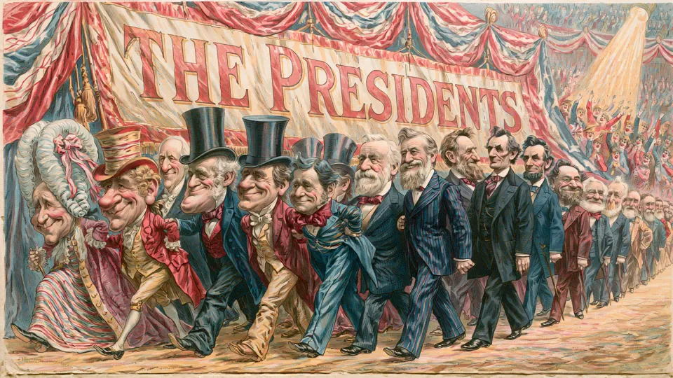 Colorful satirical cartoon parade of caricatured US presidents in top hats and period dress marching beneath a giant banner reading "The Presidents" with flag bunting and a cheering crowd