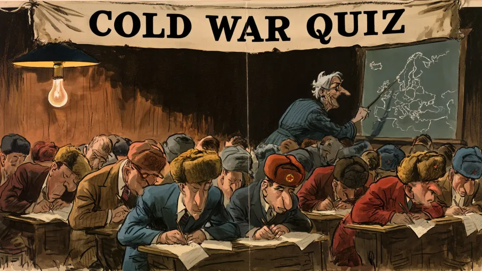 Colorful satirical cartoon of caricatured American and Soviet men in suits and ushanka hats hunched over school desks writing exam papers while a white-haired teacher points a stick at a chalk map of Europe, under a cloth banner reading "Cold War Quiz"