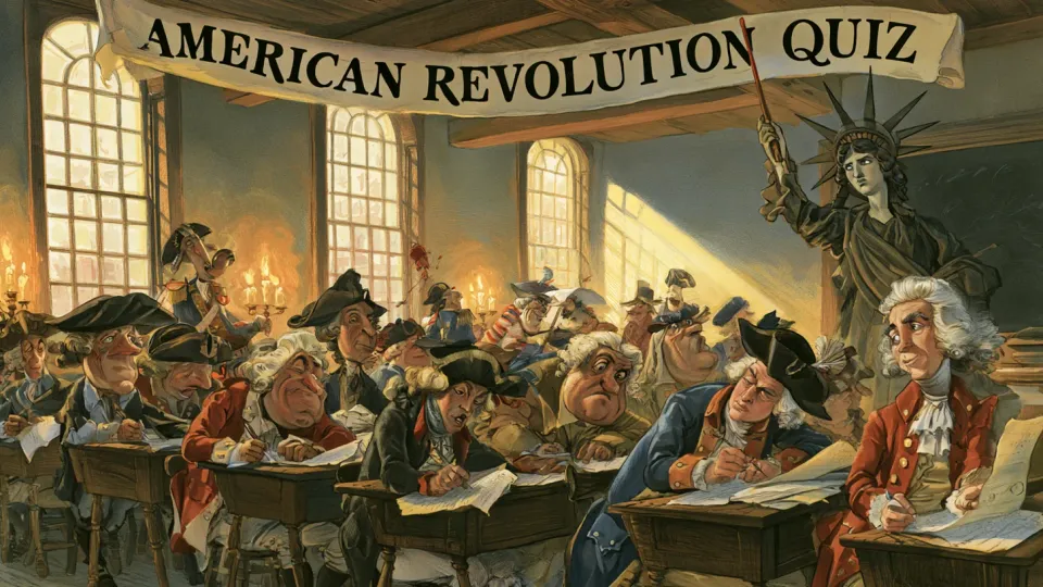 Colorful satirical cartoon of caricatured colonists, redcoats, and bewigged statesmen taking an exam at wooden school desks while a statue-like figure of Liberty raises a pointer at a chalkboard, under a banner reading "American Revolution Quiz"