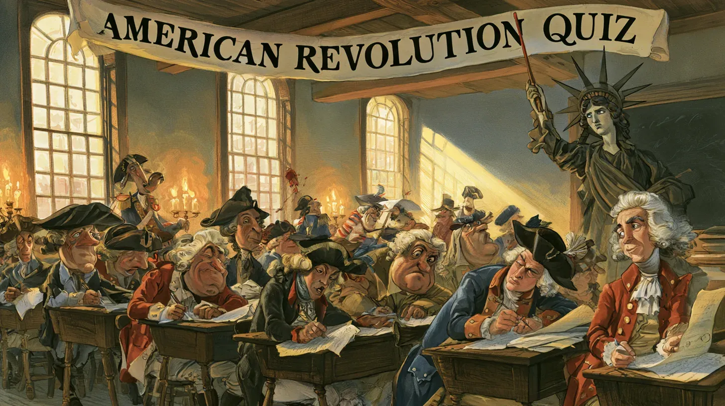 Colorful satirical cartoon of caricatured colonists, redcoats, and bewigged statesmen taking an exam at wooden school desks while a statue-like figure of Liberty raises a pointer at a chalkboard, under a banner reading "American Revolution Quiz"