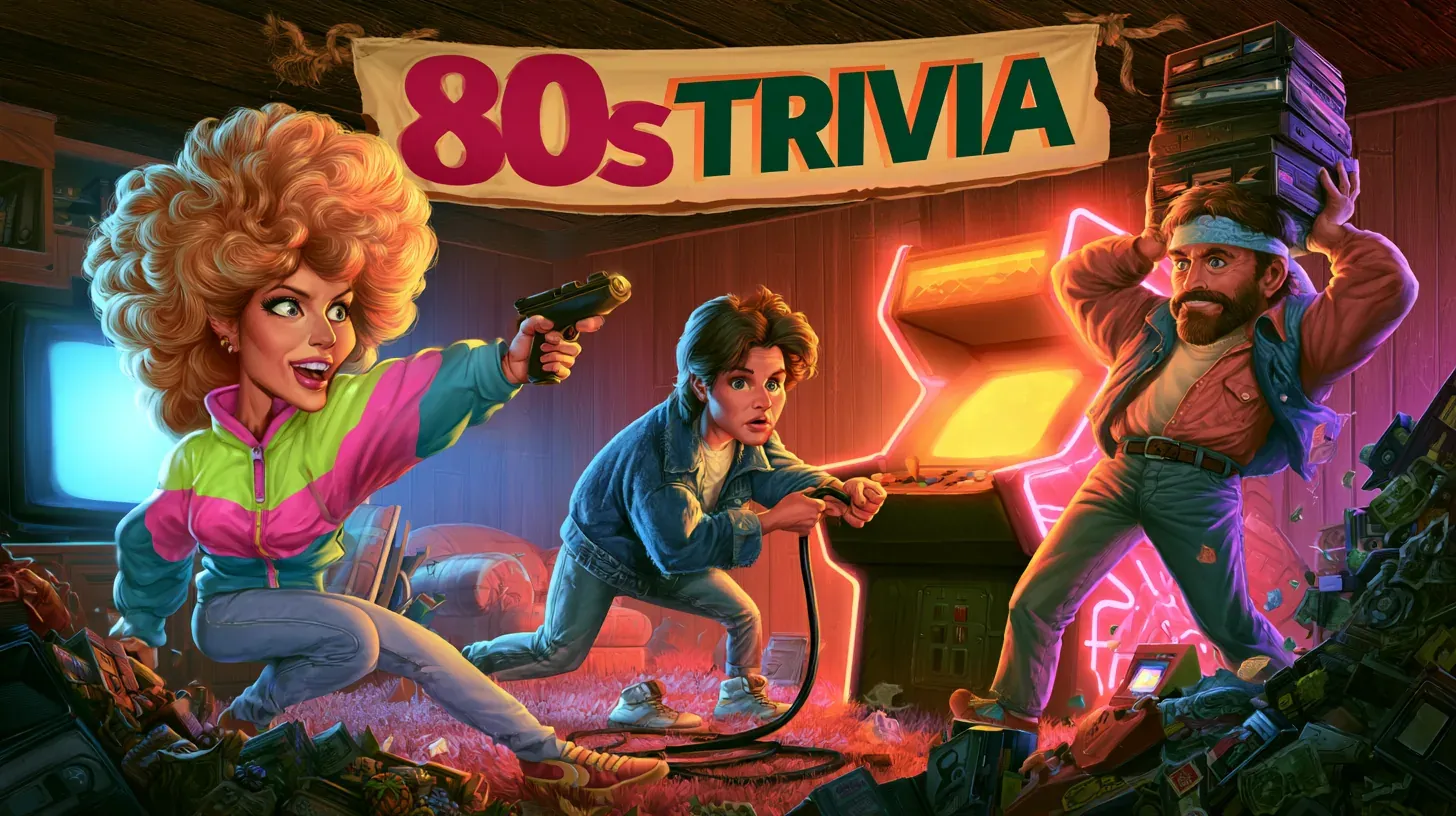 Cartoon of a wood-paneled rec room under a cloth banner reading 80s TRIVIA, where a woman with tall blonde hair in a neon pink and green windbreaker levels a TV remote like a pistol, a teenager in a denim jacket crouches to yank the cord of a glowing arcade cabinet ringed in pink neon, a bearded man in a headband balances a toppling stack of VHS tapes on one shoulder, and a boxy television glows blue over a carpet strewn with cassettes and handheld games
