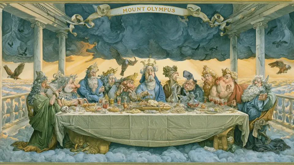 Colorful satirical cartoon of caricatured Greek gods feasting around a long banquet table on a cloud-top marble terrace beneath a banner reading "Mount Olympus", with eagles circling the storm clouds