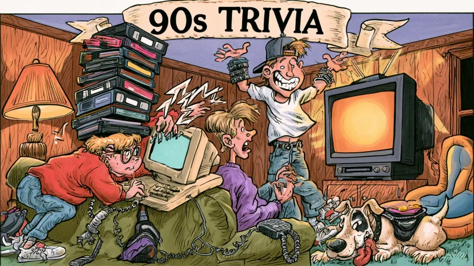 Cartoon of a wood-paneled family den under a banner reading 90s TRIVIA, where a boy in a red sweater hunches over a beige desktop computer beside a toppling stack of VHS tapes, a girl in a purple sweater shouts, a grinning teenager in a backwards cap and stacked bracelets flings both arms wide, a boxy television glows orange on a cabinet, and a dog sprawls on the carpet chewing a fanny pack