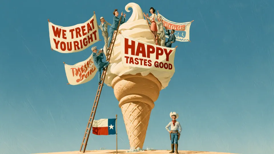 Ad men hanging Dairy Queen slogan banners on a giant soft-serve cone as a cowboy plants a Texas flag