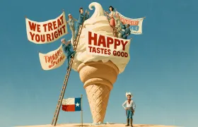 Ad men hanging Dairy Queen slogan banners on a giant soft-serve cone as a cowboy plants a Texas flag