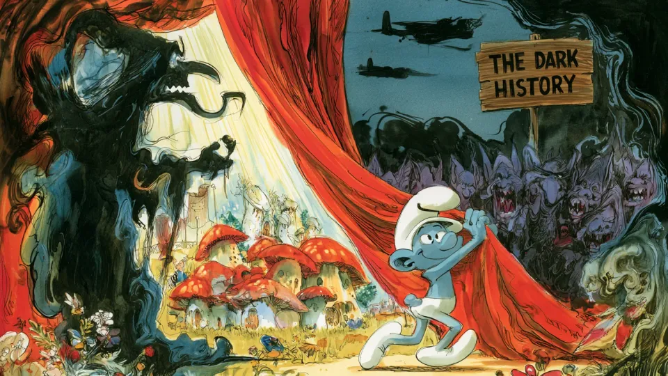 A smiling Smurf pulls back a red theater curtain revealing a snarling purple horde, warplanes, and a sign reading The Dark History