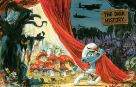 A smiling Smurf pulls back a red theater curtain revealing a snarling purple horde, warplanes, and a sign reading The Dark History