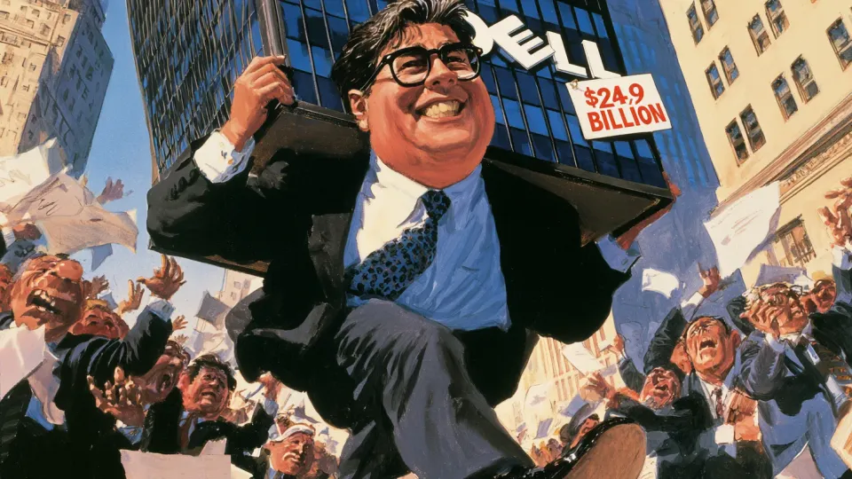 Michael Dell carrying a Dell office tower tagged $24.9 billion past stunned stockbrokers