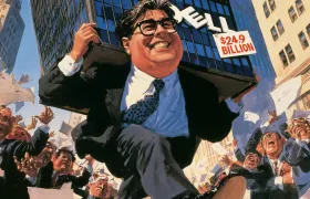 Michael Dell carrying a Dell office tower tagged $24.9 billion past stunned stockbrokers