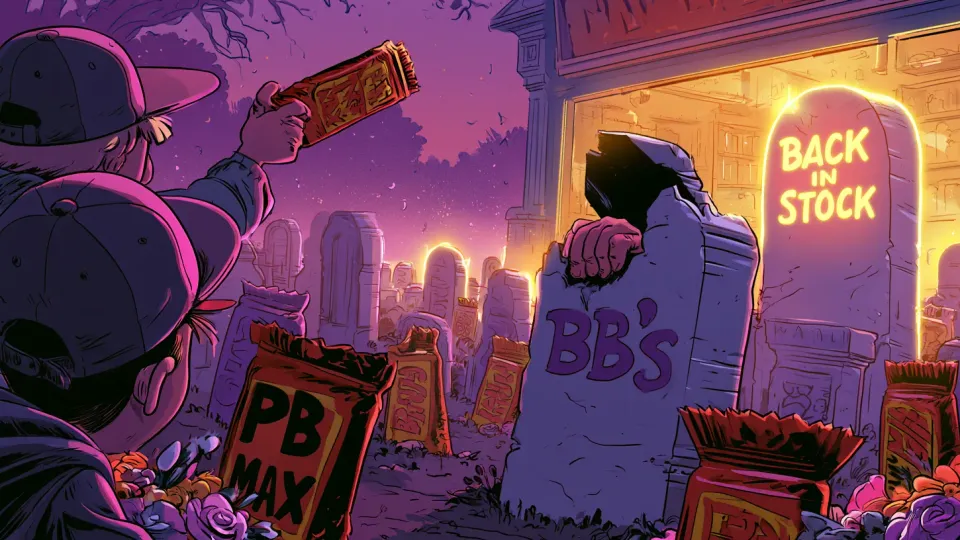 Kids at a candy graveyard with PB Max and BB's headstones and a neon Back In Stock sign