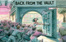 Cartoon crowd of shoppers rushing a Bath and Body Works vault of retired fragrance bottles