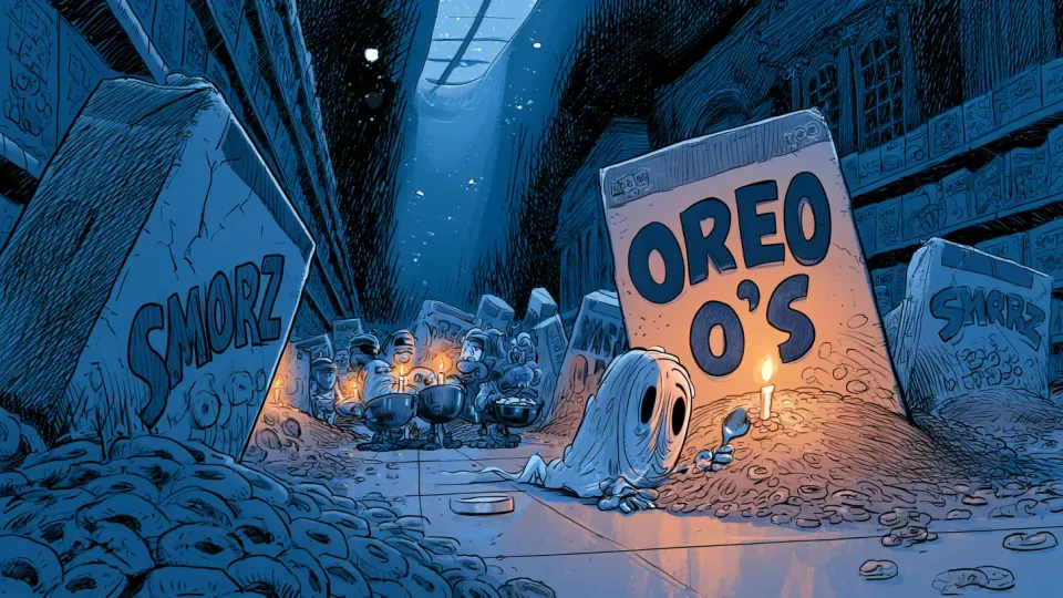 Cartoon graveyard in a supermarket aisle where the tombstones are cereal boxes labeled Smorz and Oreo O's, with a ghost mascot laying a spoon at a grave and mourners holding candlelit cereal bowls