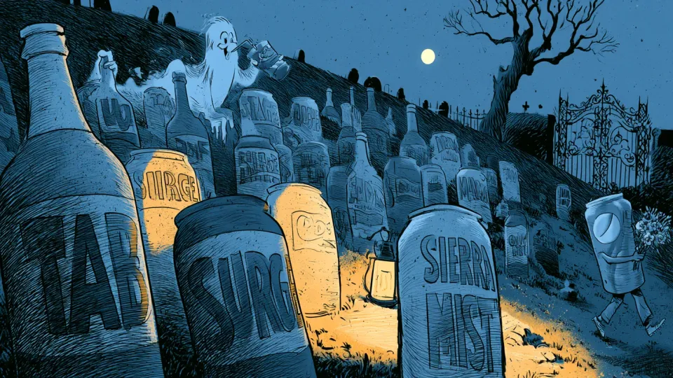 Cartoon soda graveyard at night with headstones shaped like bottles and cans carved with Tab, Surge, and Sierra Mist