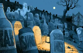 Cartoon soda graveyard at night with headstones shaped like bottles and cans carved with Tab, Surge, and Sierra Mist