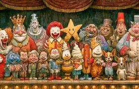 A stage lineup of famous fast food mascots including a clown, a crowned king, a smiling star, a soft-serve cone and a chihuahua