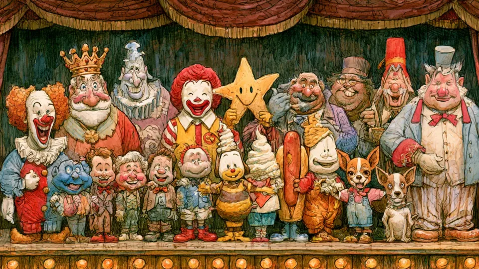 A stage lineup of famous fast food mascots including a clown, a crowned king, a smiling star, a soft-serve cone and a chihuahua