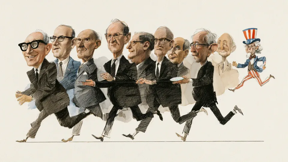 Caricature of all nine Intel CEOs in a relay line passing a silicon wafer, with Uncle Sam running up behind