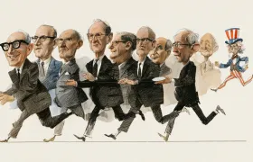 Caricature of all nine Intel CEOs in a relay line passing a silicon wafer, with Uncle Sam running up behind