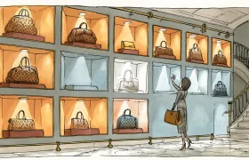 Illustration of a boutique display wall where some lit niches hold monogrammed handbags, several stand empty, and one bag has faded to a transparent outline as a shopper reaches toward it