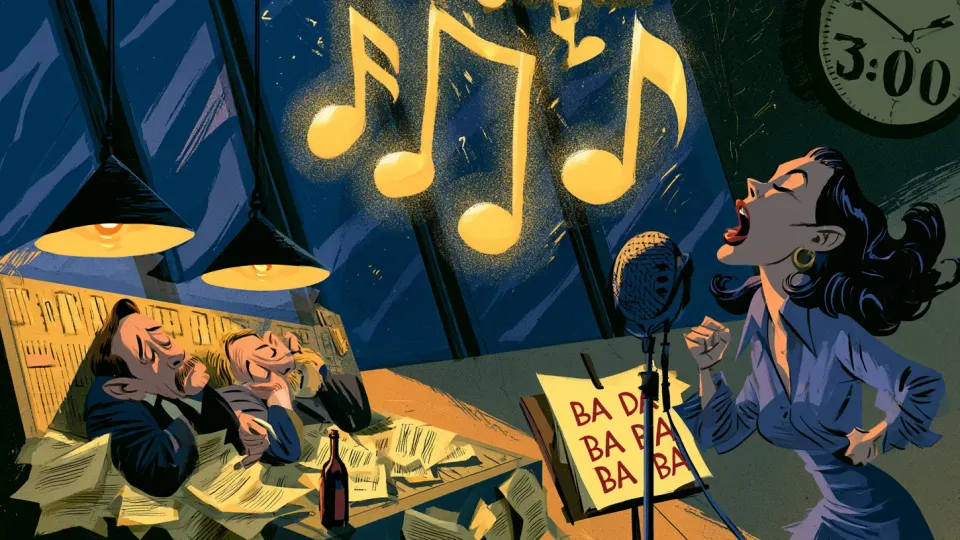 Cartoon singer recording the five-note jingle at 3 a.m. beside two exhausted composers