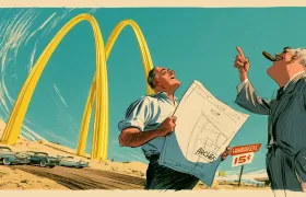 Cartoon of an architect and a cigar-smoking client looking up at two giant yellow McDonald's arches beside a 1950s desert highway