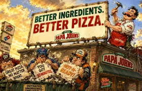 Cartoon pizza chef hammering a Better Ingredients Better Pizza billboard above rivals dumping old slogans