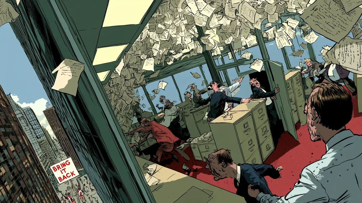 Editorial cartoon looking down a glass office tower into a boardroom where men in shirtsleeves and dark suits shove filing cabinets against the doors, mouths open in panic, as a blizzard of handwritten letters pours through the broken windows and swirls across the red carpet, while far below on the sidewalk a picketer holds a placard reading BRING IT BACK