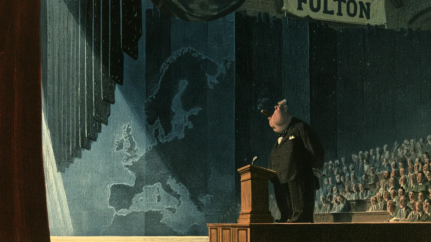 Satirical cartoon of a portly statesman with a cigar speaking from a small wooden podium in a college hall while a vast curtain of dark iron plates descends over a pale map of Europe behind him, beneath a banner reading "Fulton"