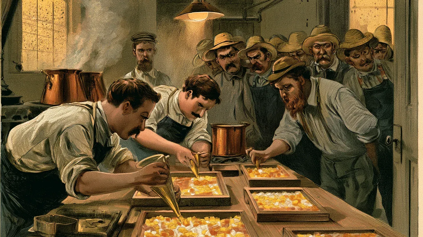 Lithograph cartoon of a gaslit nineteenth-century confectionery workshop where two aproned workmen bend over a plank table piping molten sugar from brass funnels into shallow wooden trays already filled with tiny yellow, orange, and white kernels, while a row of weathered farmers in straw hats and overalls crowds the doorway behind them squinting at the trays, copper kettles steaming on a stove in the background