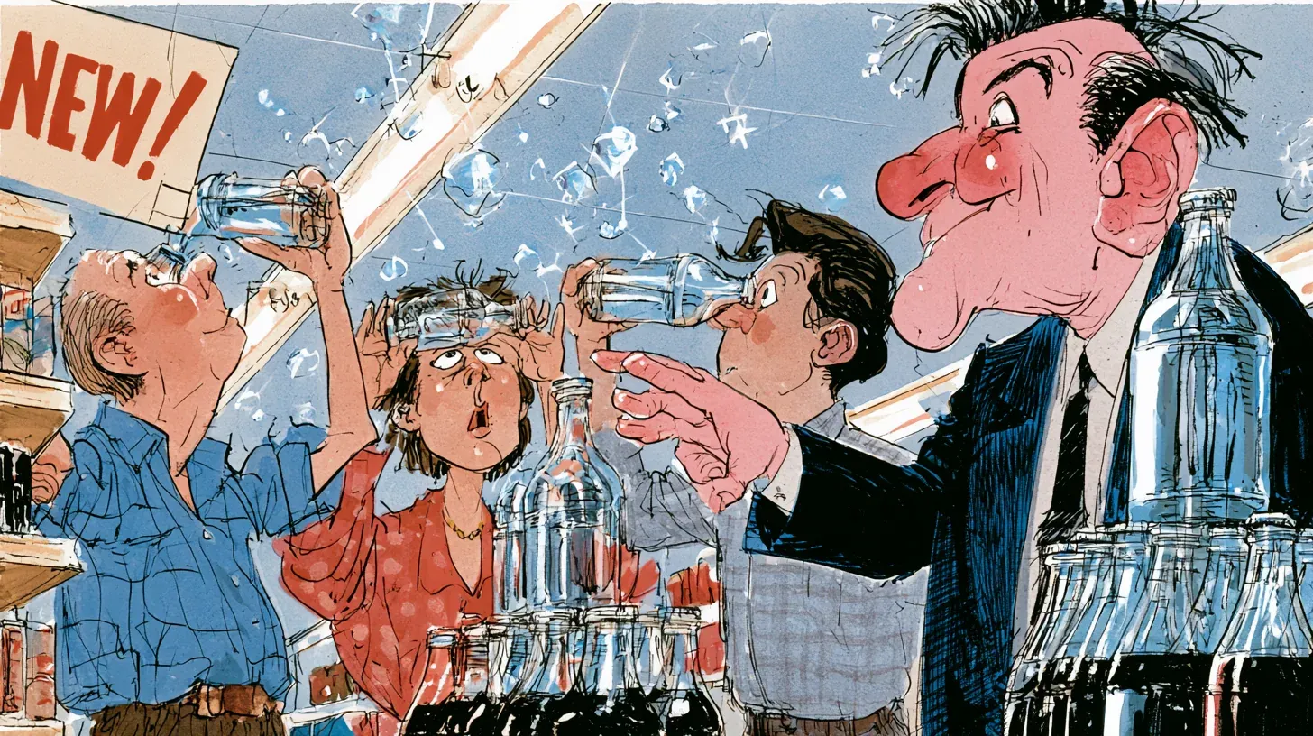 Pen-and-watercolor cartoon of supermarket shoppers tipping transparent soda bottles up toward the ceiling lights and squinting through them, while a jowly executive in a dark suit looms at the right beside a stacked display of clear bottles, under a hand-lettered sign reading NEW