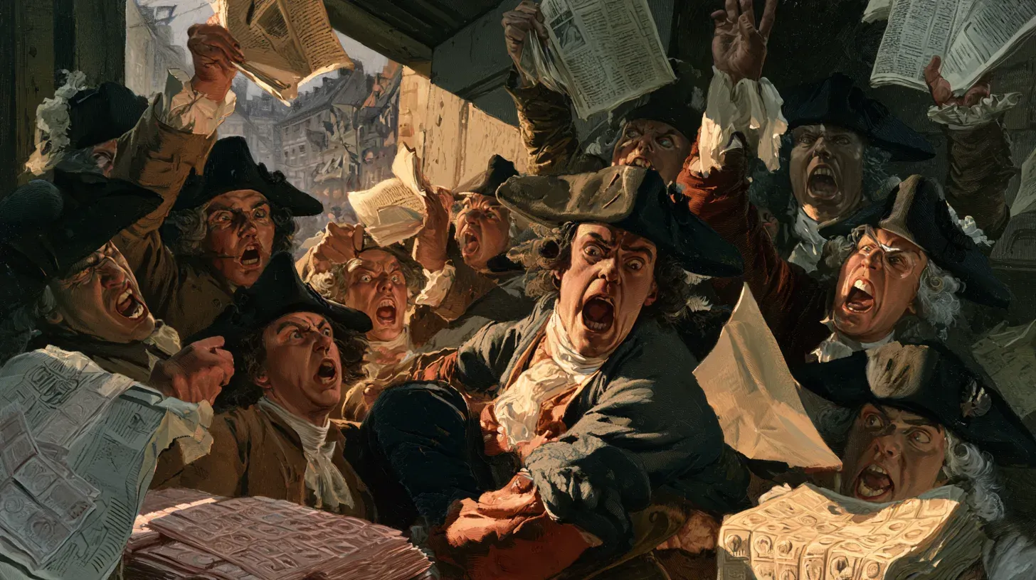 Painted cartoon of furious colonists in tricorn hats waving newspapers and shaking fists inside a stamp office stacked with sheets of tax stamps