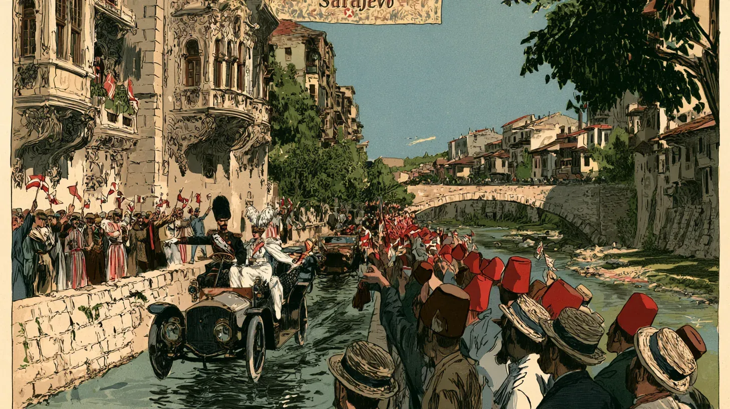 Satirical cartoon of an archduke in a plumed helmet and his wife in white riding in an open touring car along a riverside street in Sarajevo, while crowds in red fezzes and straw boaters wave small flags and a stone bridge arches over the river behind them