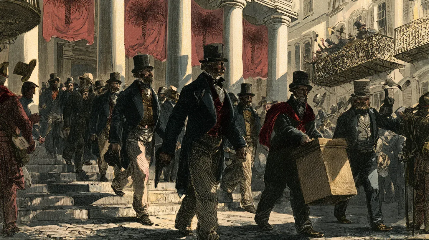 Engraved cartoon of top-hatted delegates in frock coats filing up the steps of a pillared hall hung with red palmetto banners while two men carry a large wooden ballot box, onlookers watching from an iron balcony
