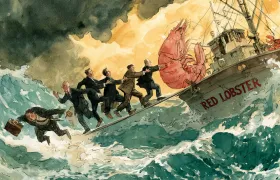 Red Lobster executives passing a giant shrimp aboard a storm-tossed boat named Red Lobster
